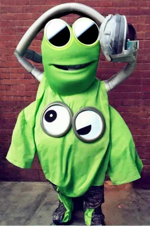 Prompt: a mix of mike wazowski and george clooney wearing a toga and helmet with goggles