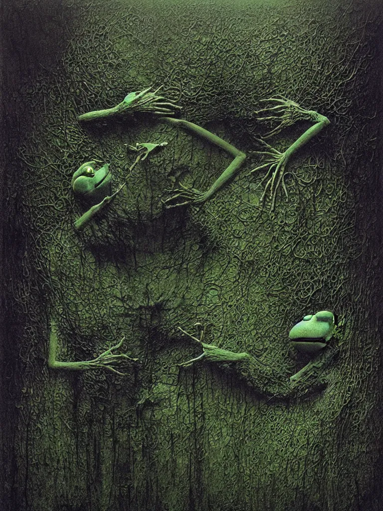 Prompt: bloody Kermit the frog megalophobia by Beksinski, detailed