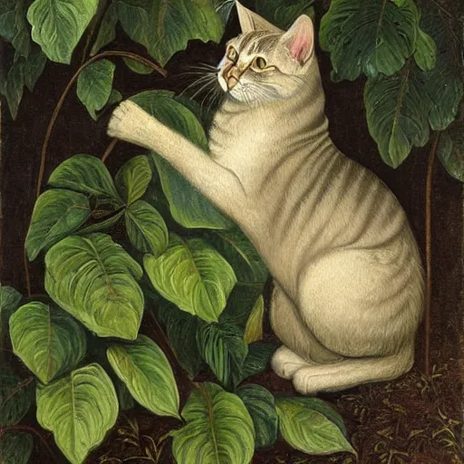 Image similar to a reneissance painting of a maincoon cat among big green leaves, very detailed, in the style of mantegna