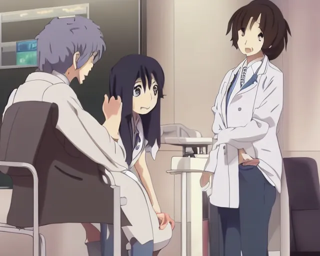 Image similar to a cute and beautiful young female doctor wearing white coat are talking with an old professor in a hospital, slice of life anime, lighting, anime scenery by Makoto shinkai