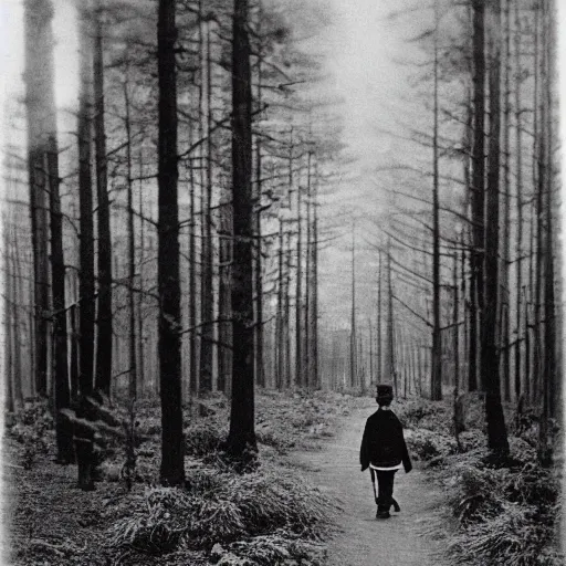 Prompt: photo from 1900s elmo walking in the forest, black and white, blurred