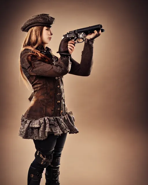 Image similar to Young girl in steampunk clothes, she wears boots and holds a gun, full body shot, sharp focus, photography, very detailed, dark hair, by nikon, by Iphone, 4k