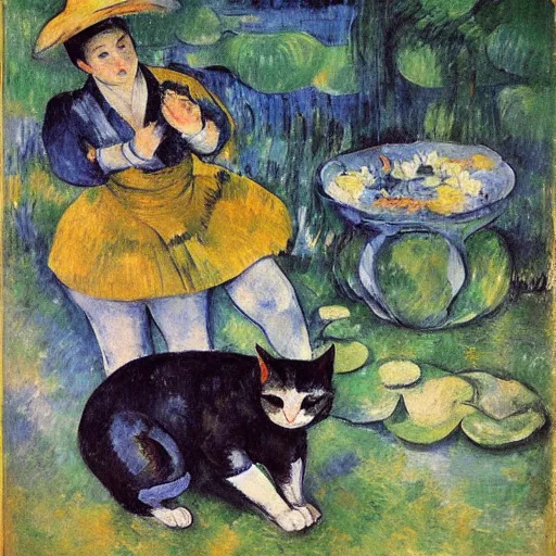 Prompt: cat dancing during bon odori in lotus pond, paul cezanne, monet, manet, van gogh