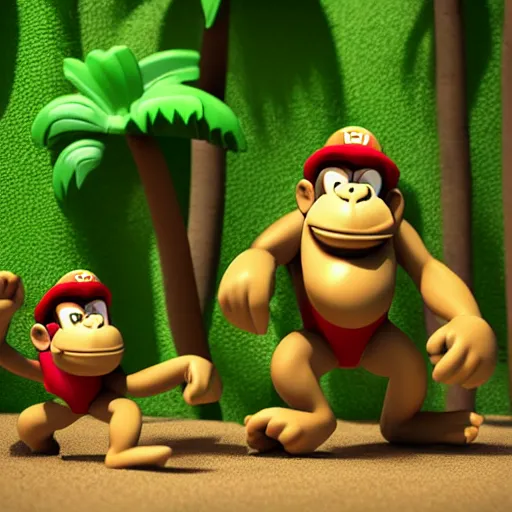 Image similar to Donkey Kong and Diddy Kong surrounded by tropical trees and barrels, 3D render, detailed clay model