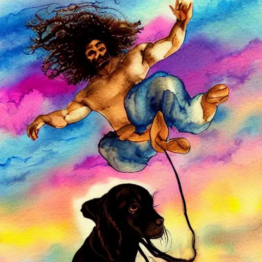 Image similar to egyptian man with long curly hair skydiving with a small black puppy, dreamy clouds, pastel tones, watercolor painting, intricate details, sharp, fairylike, peaceful
