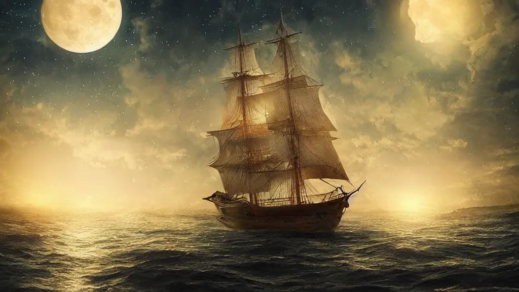 Prompt: Beautiful sailing ship in the moon light with backlight ” Beautiful Dreamscape, Digital art, concept art, detailed, lovely colors, Art station,3-D 4K, beautiful background, matte painting, ,
