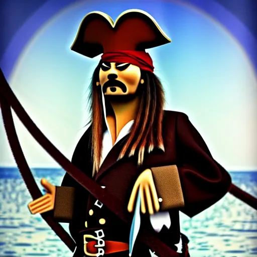 Image similar to mr. bean as jack sparrow from pirates of the carribean. movie still. cinematic lighting.