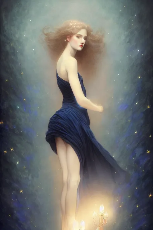 Image similar to Nocturne, glowing, stars, a long-legged elegant evil woman, highly detailed, mysterious, ethereal, dressed in midnight blue velvet, haute couture, illustration, dramatic lighting, soft details, painting, by Edmund Blair Leighton, Brom, Charlie Bowater, trending on artstation, faces by Tom Bagshaw, otto schmidt