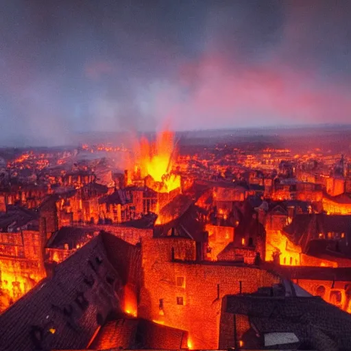 Image similar to a medieval city, plague, glowing fire, many people, wide angle