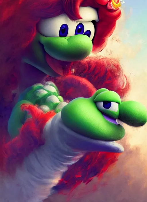 Prompt: orlando bloom as yoshi from mario, digital art by eugene de blaas and ross tran, vibrant color scheme, highly detailed, in the style of romanticism, cinematic, artstation, greg rutkowski