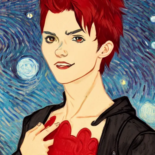 Image similar to full body portrait of Ruby Rose of RWBY, night time, star background, fantasy character portrait, casual pose, smiling, artwork by Vincent van Gogh and Amy Sherald, perfect face, simple form, 100m