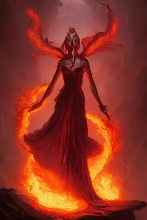 Prompt: beautiful powerful eldritch fire goddess clothed in a flaming gown, volcanic embers, magma, detailed matte fantasy portrait, dynamic lighting, bokeh backdrop, by greg rutkowski, by peter mohrbacher, by brom