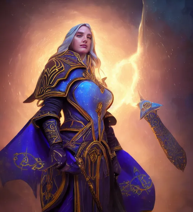 Image similar to Jaina Proudmore portrait, intricate arcane armor with glowing magical runes, flowing blue magical energy, subject in the middle of the frame, rule of thirds, golden ratio, elegant, digital painting, octane 4k render, zbrush, hyperrealistic, artstation, concept art, smooth, sharp focus, illustration from Warcraft by Ruan Jia and Mandy Jurgens and Artgerm and William-Adolphe Bouguerea