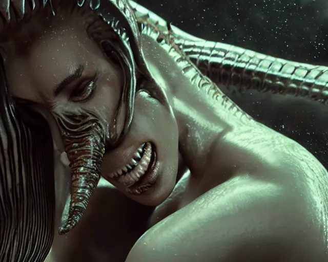 Image similar to cinematic still of kim kardashian being mouth fed by an xenomorph feeding her a transparent alien liquid, wet flowing hair, gooey skin, illustration, unreal engine 5, 8 k, directed by h. r. giger.