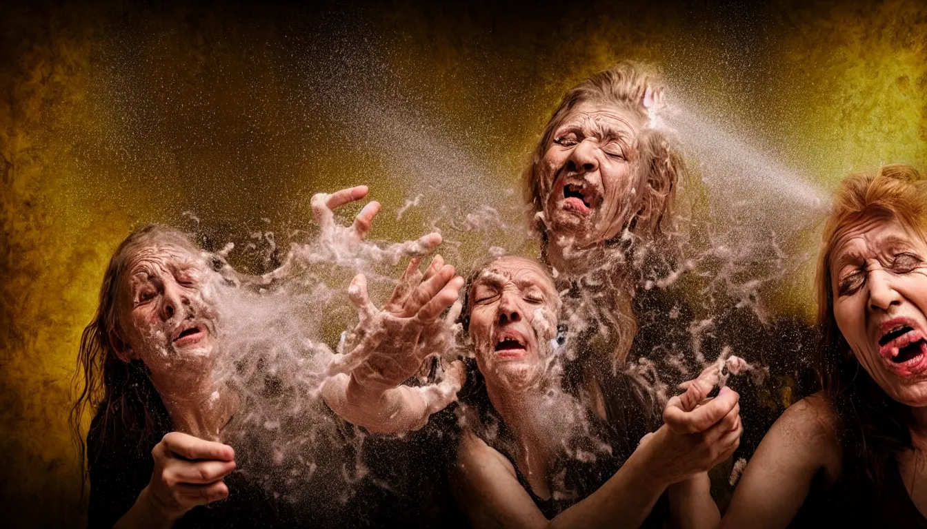 Prompt: hyper realistic photo in a baroque hall, a celtic weathered old man with a beautiful woman's screaming face, feedback loop, burst of powders, spraying liquid, volumetric lighting, twisting vapour, bellowing dust, emerging hands, full colour, upscale, 4 k