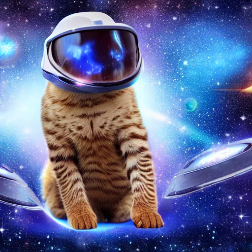 Prompt: epic scale space kitty, eyes like galaxies, flying through space, wearing a space suit and space helmet, soaring through the stars, ultra detailed, 4 k, 8 k, digital illustration