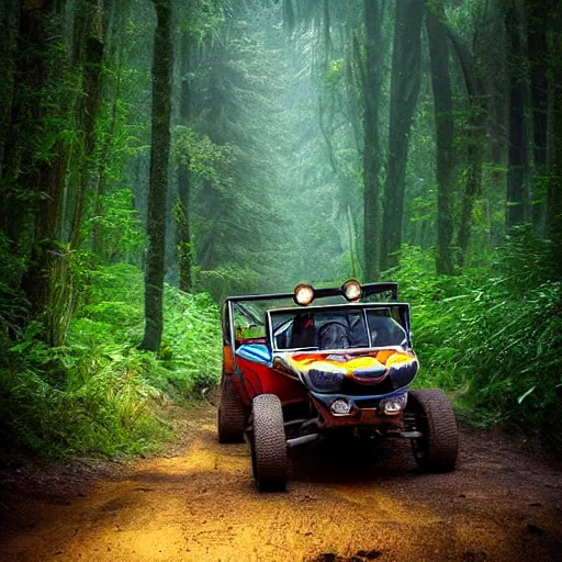 Image similar to amazing landscape photo of an off road buggy with a smiling driver inside inside a forest by marc adamus, beautiful dramatic lighting