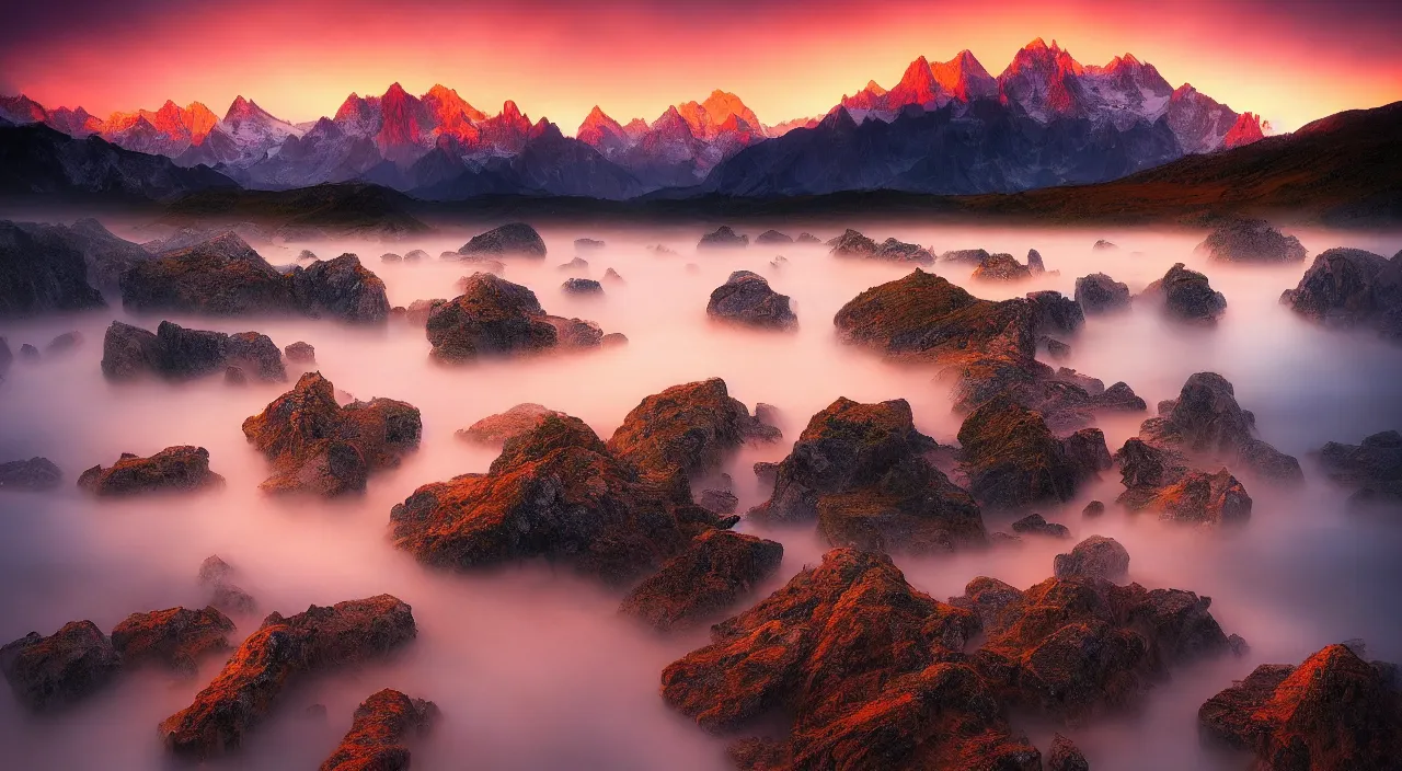 Image similar to amazing landscape photo of mountains with lake in sunset by marc adamus, beautiful dramatic lighting