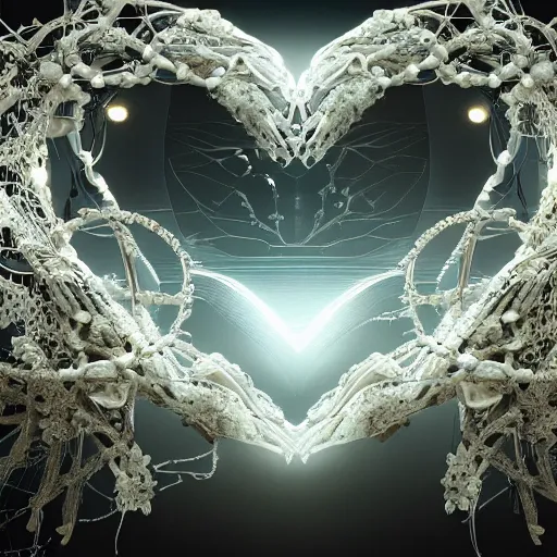 Prompt: biocomputer heart in intricate intertwined with white biocomputer flowers, biomechanical flowers, intricate environment, matte painting, diffused lighting, highly detailed cinematic, epic composition, highly detailed, atmospheric, wide angle, artstation trending