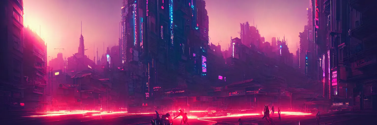 Image similar to cinematic photography of a cyberpunk desserted city during sunset, flare back lighting, cyber led neon, bokeh, rule of thirds, hyper photorealistic, crispy quality, digital photography, art by artgerm, art by greg rutkowski, art by pascal blanche,