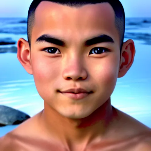 Image similar to beautiful serene intricate photograph of sokka from the water tribe as an inuit young man, dark hair, light blue eyes, smiling softly, relaxing on the beach, golden hour, soft focus, 8 k, art by irakli nadar, hyperrealism, hyperdetailed, ultra realistic