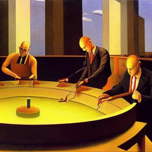 Image similar to scientists programming a doomsday device in a dome - shaped control center, grant wood, pj crook, edward hopper, oil on canvas