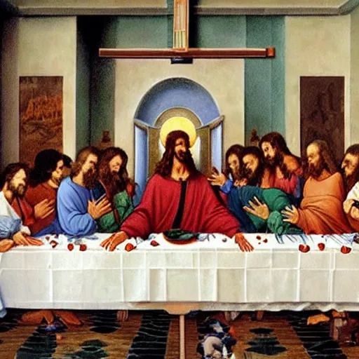 Prompt: photorealistic evangelion at jesus's last supper, Hyperdetailed, 108 Megapixels