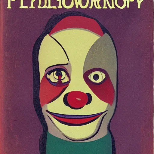 Prompt: a paperback cover of clown philosophy, French modernist