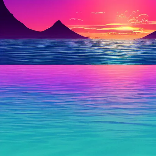 Image similar to A synthwave style sunset above the reflecting water of the sea, concept art