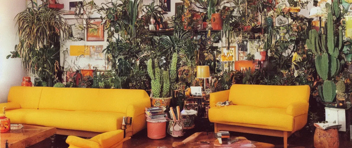 Prompt: 1970s interior magazine photo of a yellow couch with a lava lamp next to it, at dusk, with a tiger on the couch, wooden walls with framed art, and a potted cactus and some hanging plants, with dappled light