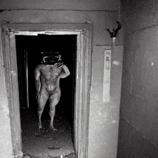Prompt: hi - 8 night vision camera found - footage of a barely visible, human - like minotaur, shrouded in darkness at the end of an extremely dark, unlit hallway in a basement of an abandoned house