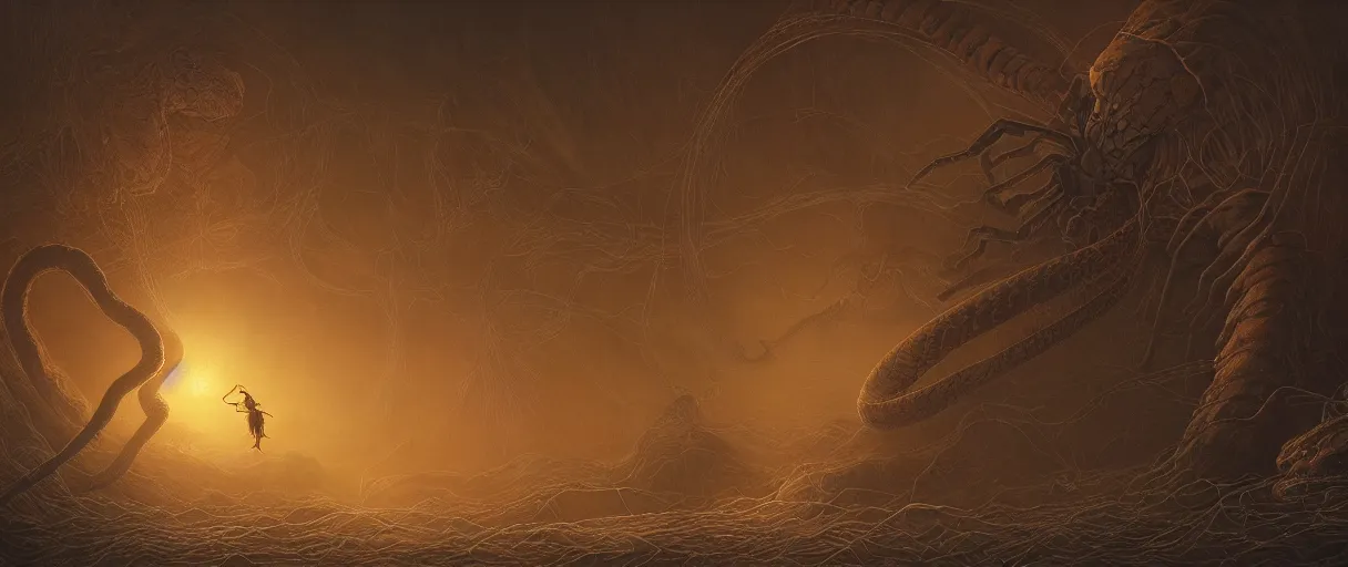 Prompt: giant spider versus snake, beautiful dramatic moody lighting, cinematic atmosphere, by Jean Giraud, Alex Grey, Zdzislaw Beksiński, Dan Mumford, Patiphan Sottiwilaiphong, Yintion J - Jiang Geping