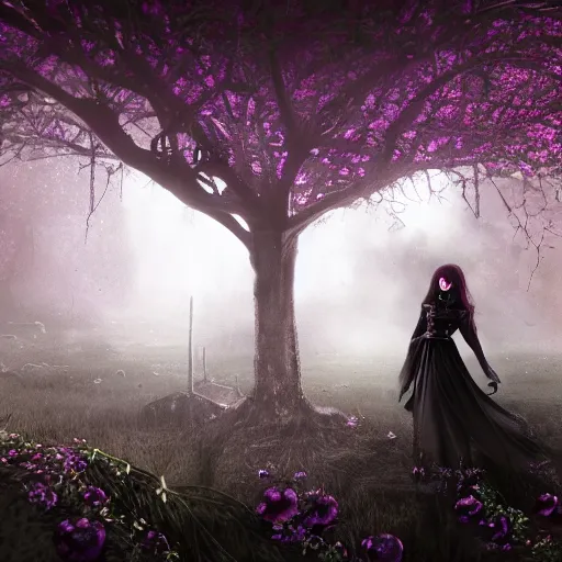 Image similar to A portrait of a Gothic goddess of floral jewels in an empty land, dark and mysterious, lively atmospheric, cinematic, volumetric lighting, 8k, 4k, ultra detail, ultra-realistic, rendered by DeviantArt