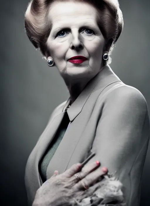 Image similar to margaret thatcher themed fashion photoshoot, fashion magazine, vogue, professional photography, volumetric lighting, high quality detail