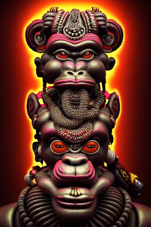 Image similar to high quality 3 d render post - rococo cyberpunk hanuman! head shri ram centre, neon madhubani, open mouth, highly detailed, in sci - fi new delhi, cinematic smooth unreal engine, lee madgwick & liam wong, dramatic light, long shot, low angle, uhd 8 k, sharp focus
