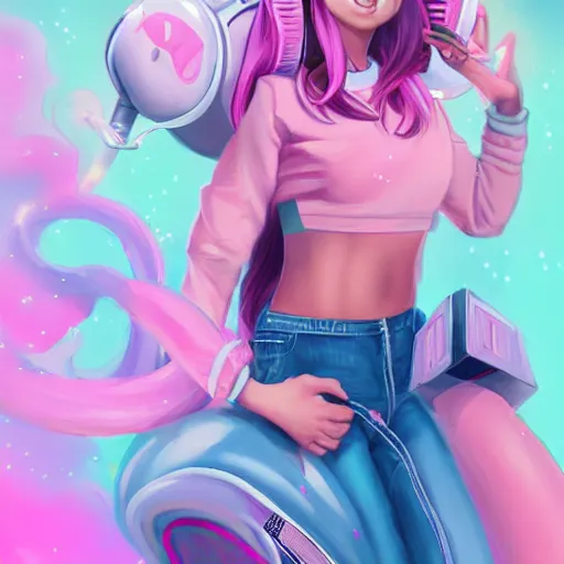Image similar to !dream very very very beautiful pink gamer girl wearing headphones with a unicorn horn coming out of her head standing in a pink girls room, full body portrait, eye contact, smiling, perfect face, perfect body, extreme long shot, drawn by artgerm