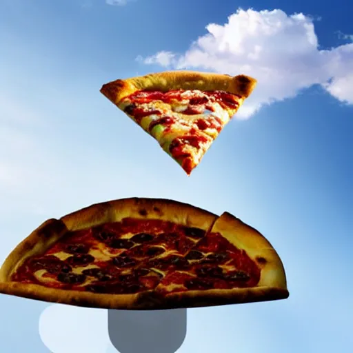 Prompt: a pizza is flying on the sky.