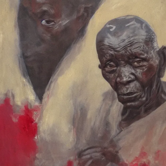 Image similar to a painting of a wise elder from Kenya by Lynette Yiadom-Boakye . dramatic angle, ethereal lights, details, smooth, sharp focus, illustration, realistic, cinematic, artstation, award winning, rgb , unreal engine, octane render, cinematic light, macro, depth of field, blur, red light and clouds from the back, highly detailed epic cinematic concept art CG render made in Maya, Blender and Photoshop, octane render, excellent composition, dynamic dramatic cinematic lighting, aesthetic, very inspirational, arthouse.