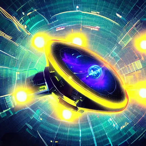 Prompt: alien spaceship perfectly centered in a futuristic data analysis card, sharp image, no glow, high resolution, high contrast, colors: yellow, violet, blue, red, orange, volumetric light, Anime style, mecha, insanely detailed symbols in the frame.