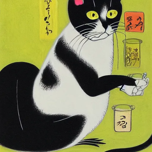 Prompt: a black cat with yellow eyes looking at a cornered mouse by tsuguharu foujita
