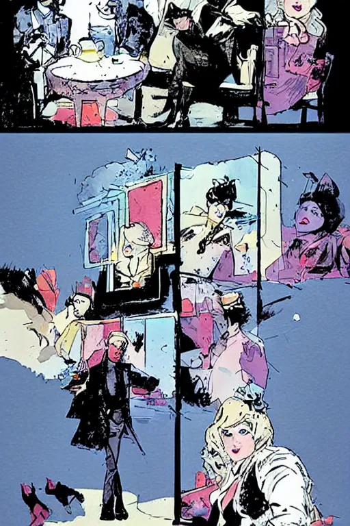 Image similar to a tea party in the clouds, graphic novel, high contrast, by bill sienkiewicz