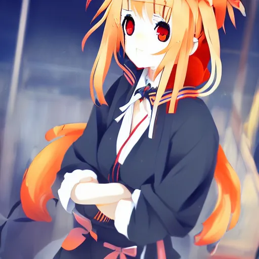 Image similar to senko-san very very very beautiful cute anime kitsune fox girl drinks beer trending on pixiv orange hair orange tail