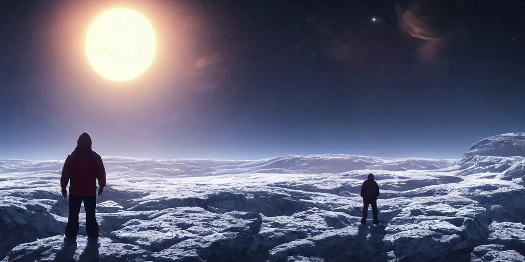 Image similar to a man standing in a icy planet looking to the sky at night, part of a red planet appearing in the sky, concept art, digital art, high quality, highly detailed, 8 k, octane render, unreal engine 5, trending on artstation, anatomically correct, five fingers, cinematic, high coherence, beautiful, hyperrealistic, serene landscape