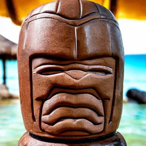 Image similar to a closeup photorealistic photograph of ben grimm's face on a tiki mug at trader vic's beach bar. fantastic four. tiki culture. bright scene. fine detail. this 4 k hd image is trending on artstation, featured on behance, well - rendered, extra crisp, features intricate detail, epic composition and the style of unreal engine.