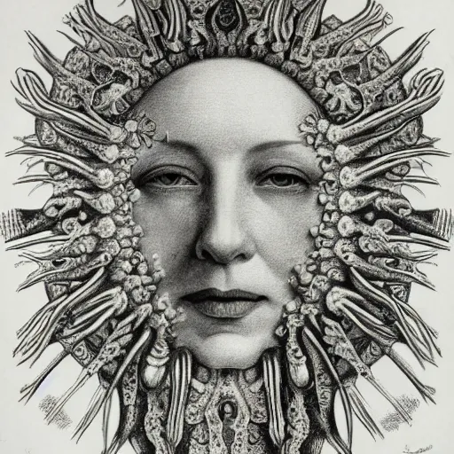 Prompt: Detailed drawing of cate blanchett by Ernst Haeckel