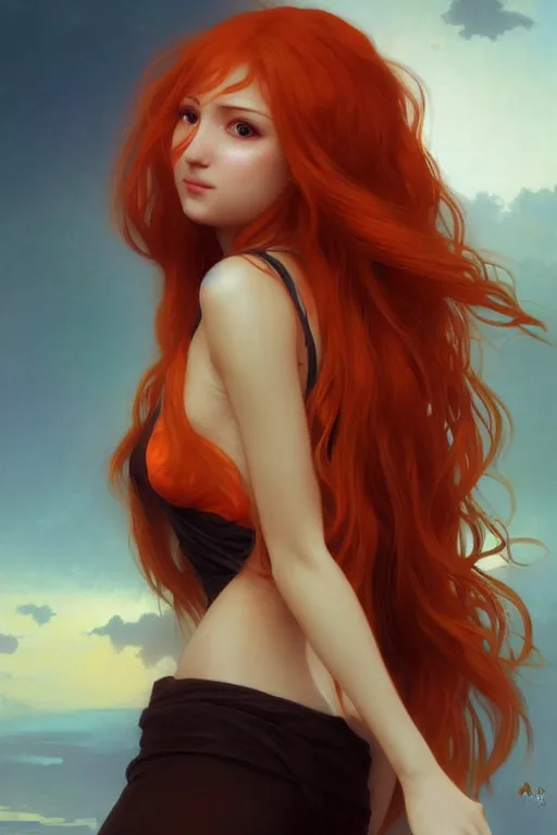 Prompt: nami, long orange hair, brown eyes, digital art from artstation by artgerm and william - adolphe bouguereau