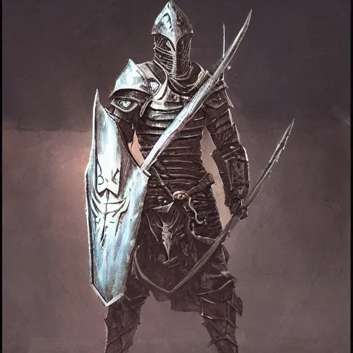 Prompt: crucible knight concept, wearing ancient armor, wielding a spear and a shield, wearing cape, dark soul concept art, elden ring concept art, beksinski