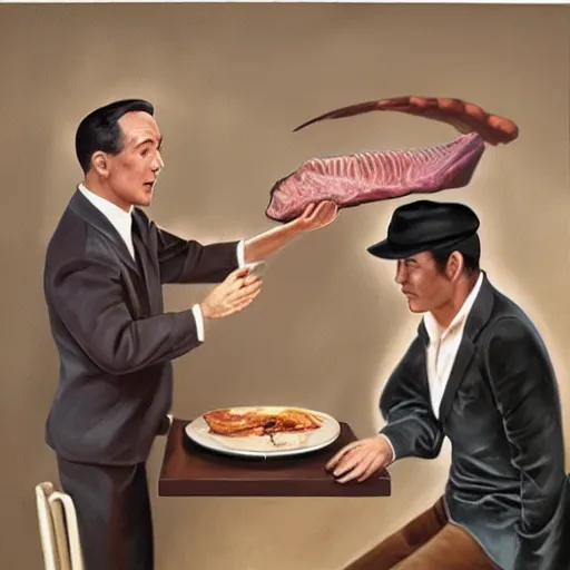 Image similar to beautiful lifelike painting of gene kelly demanding a refund on undercooked overpriced dinosaur steak in downtown dive bar bistro, hyperreal detailed facial features and uv lighting, art by osamu sato and ryu noguchi