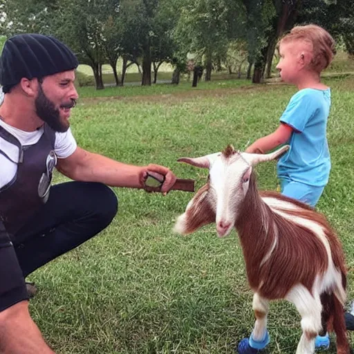 Image similar to gigachad saves a child from a vicious ice - cream wielding goat,