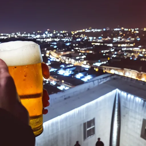 Image similar to Holding beer on the roof at night, POV, ultrarealistic,8K,